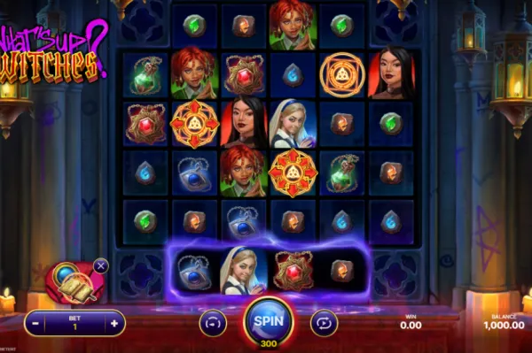 Vista de la cuadrícula de juego y del sistema de hechizos en What’s Up? Witches