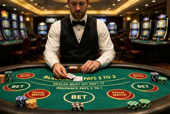 Crupier repartiendo una mano de blackjack con una apuesta lateral tipo Royal Match