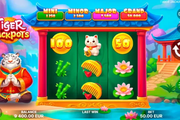 Pantalla de juego de Tiger Jackpots con su diseño temático y mecánicas de monedas
