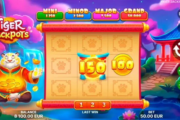 Vista de la función bonus de Tiger Jackpots con símbolos de colección y premios