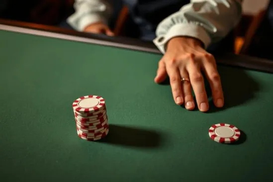 Mano junto a fichas de casino sobre una mesa de juego