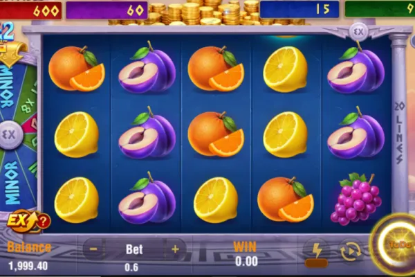 Captura de la interfaz de Coin of Lightning 2 con la función de rueda y símbolos de colección