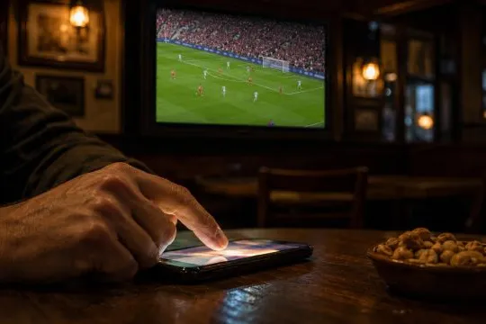 Partido de fútbol visto junto a una app de apuestas abierta en un smartphone dentro de un bar