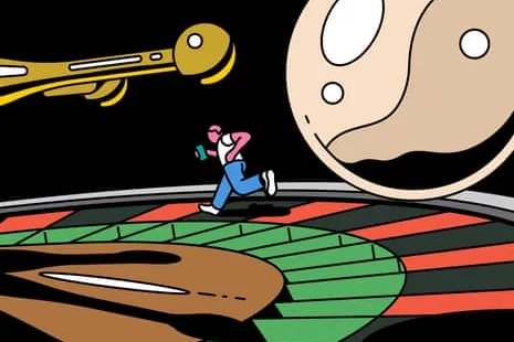Ilustración de una persona corriendo de una gran bola de ruleta mientras sostiene un teléfono móvil