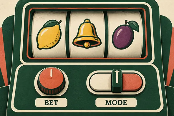 Ilustración de una tragamonedas con controles separados para apuesta y modo de juego