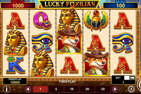 Pantalla del slot Lucky Foxilian Hold and Win de 1spin4win con temática del antiguo Egipto