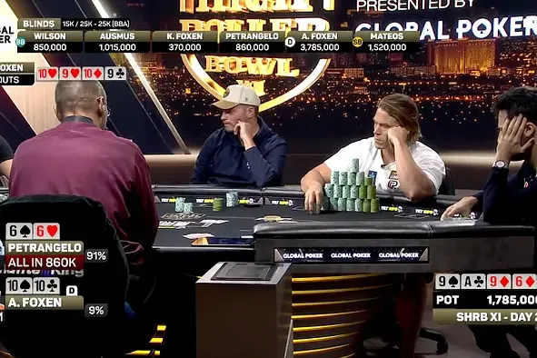 Nick Petrangelo y Alex Foxen en una mano clave cerca de premios