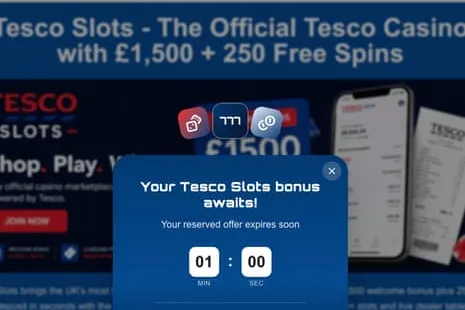 Captura de un anuncio falso en Facebook que presenta un supuesto casino de Tesco con una oferta promocional y temporizador