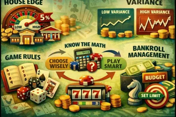 Ilustración sobre ventaja de la casa, varianza, reglas del juego y gestión del presupuesto en casino